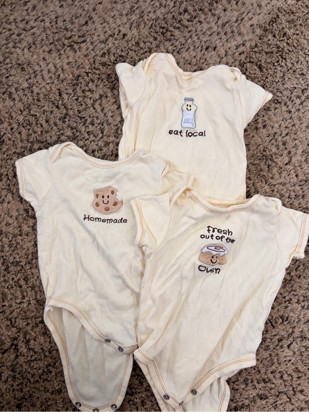 Cream Baby Bodysuit Set with Cute Food Embroidery - 3-Pack